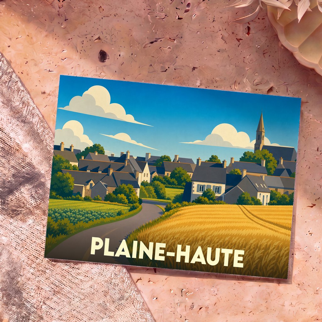 Carte postale souvenir de la ville de Plaine-Haute avec une illustration stylisée de son paysage rural.