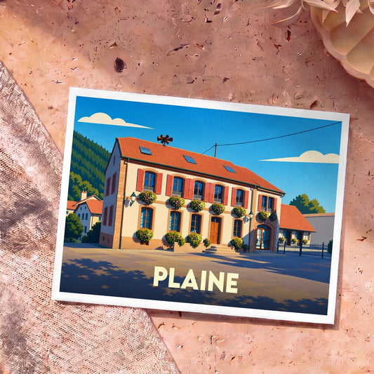 Carte postale souvenir de la ville de Plaine avec une illustration stylisée de sa mairie fleurie.