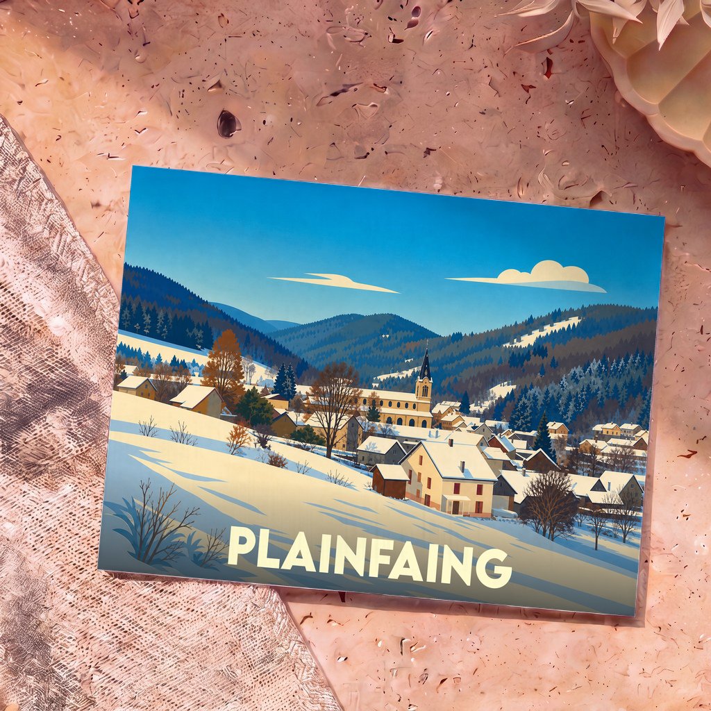 Carte postale souvenir de la ville de Plainfaing avec une illustration stylisée d'un village de montagne sous la neige.