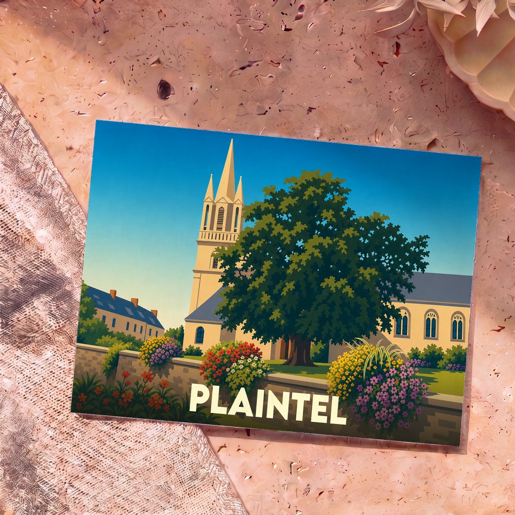 Carte postale souvenir de la ville de Plaintel illustrée par une église et un grand arbre stylisés.