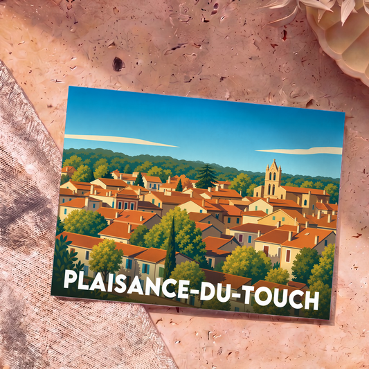 Carte postale souvenir de la ville de Plaisance-du-Touch avec une illustration stylisée.