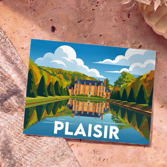 Carte postale souvenir de la ville de Plaisir avec une illustration stylisée du château et de son reflet dans l'eau.