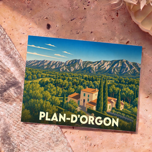 Carte postale souvenir de la ville de Plan-d'Orgon avec une illustration stylisée d'un paysage provençal.