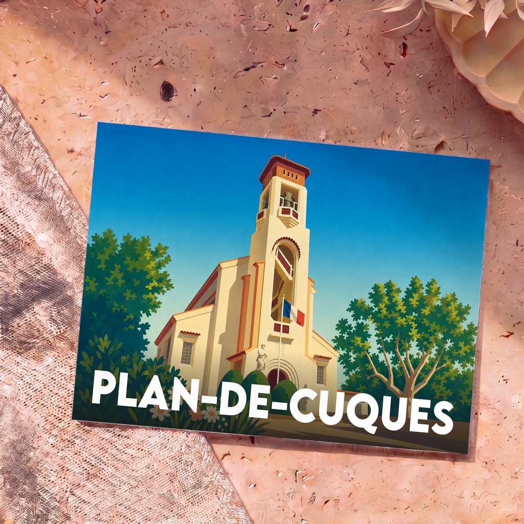 Carte postale souvenir de la ville de Plan-de-Cuques avec une illustration stylisée de son église sous un ciel bleu.