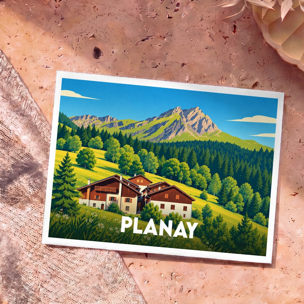 Carte postale souvenir de la ville de Planay avec une illustration stylisée de chalets savoyards au pied des montagnes.