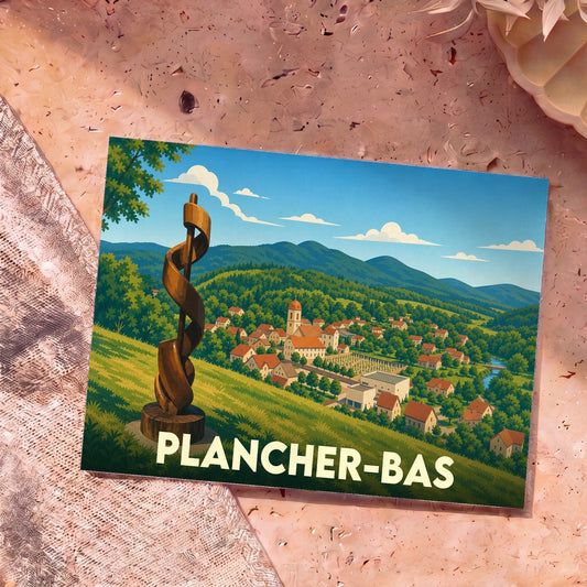 Carte postale souvenir de la ville de Plancher-Bas avec une illustration stylisée d'un paysage montagneux et d'une sculpture.