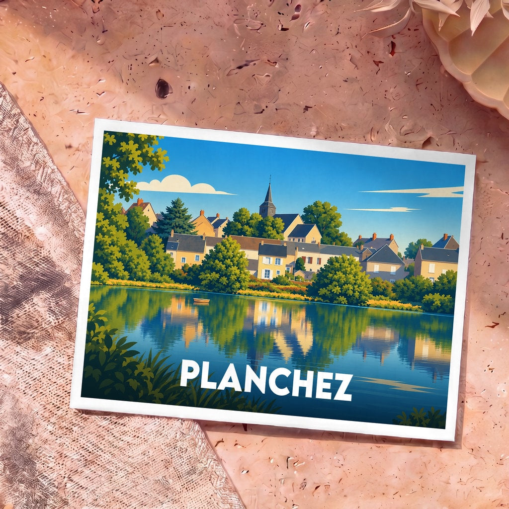 Carte postale souvenir de la ville de Planchez avec une illustration stylisée d'un village en bord de lac.