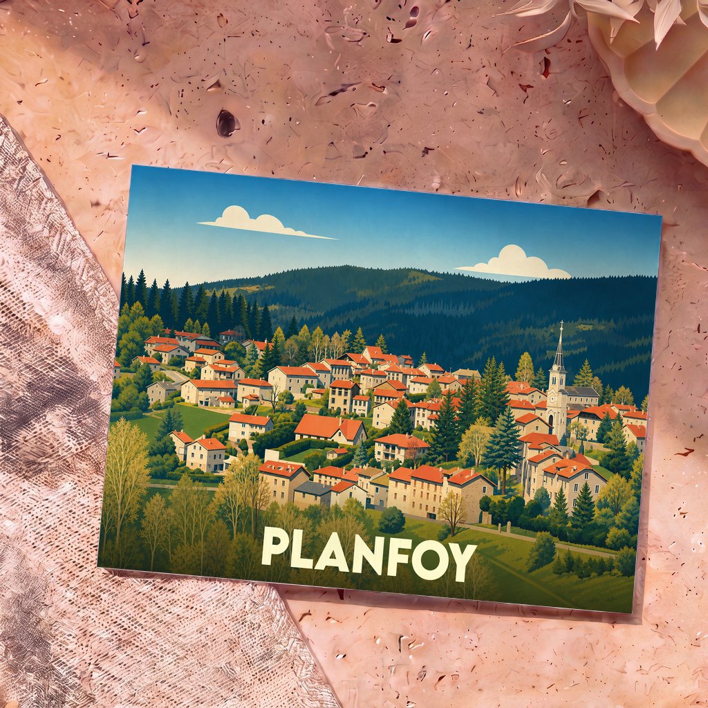 Carte postale souvenir de la ville de Planfoy avec une illustration stylisée de ses maisons et son église nichées au cœur de montagnes boisées.