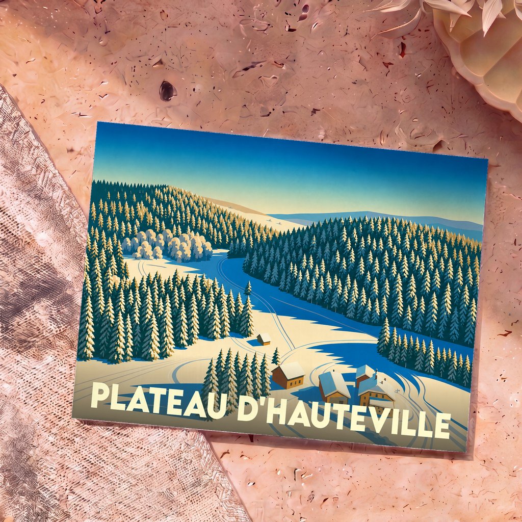 Carte postale souvenir du Plateau d'Hauteville illustrant un paysage de montagne enneigé avec une forêt de sapins et un petit village.