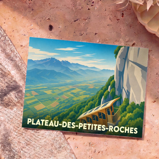 Carte postale souvenir du Plateau-des-Petites-Roches illustrant son célèbre funiculaire à flanc de montagne dans un style graphique épuré.