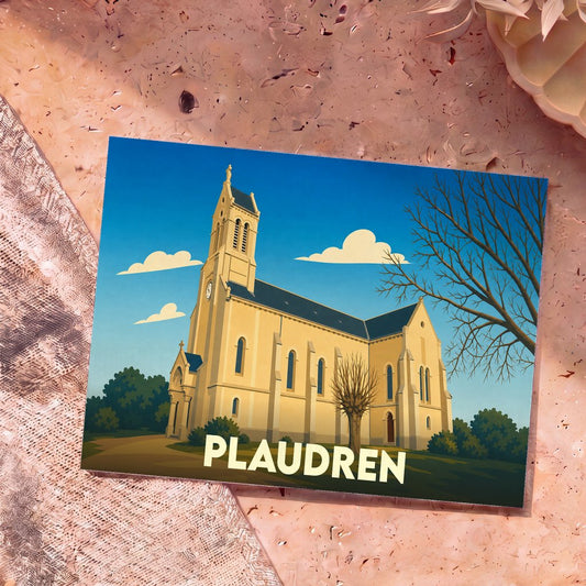 Carte postale souvenir de la ville de Plaudren illustrant son église dans un style graphique épuré.