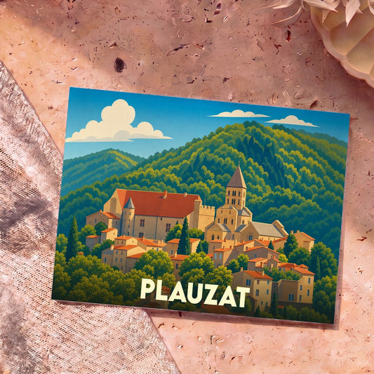 Carte postale souvenir de la ville de Plauzat illustrée d'un paysage panoramique coloré et stylisé.