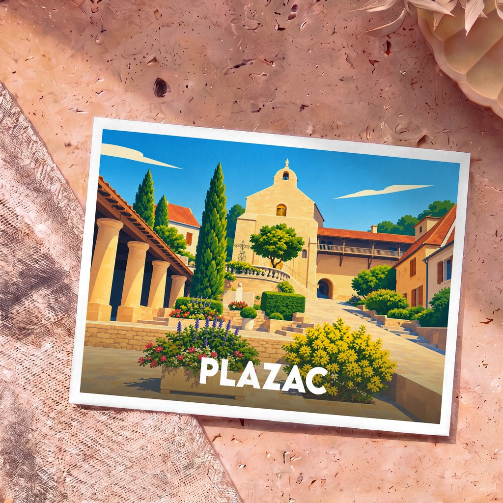 Carte postale souvenir de la ville de Plazac illustrant son architecture traditionnelle dans un style épuré et coloré.