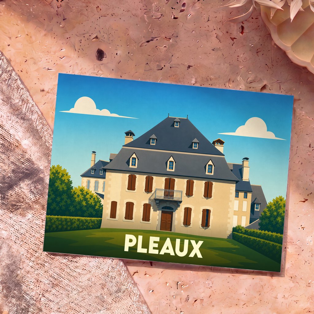 Carte postale souvenir de la ville de Pleaux avec une illustration stylisée d'une grande demeure bourgeoise.