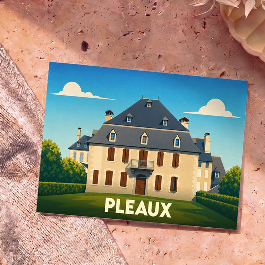 Carte postale souvenir de la ville de Pleaux avec une illustration stylisée d'une grande demeure bourgeoise.