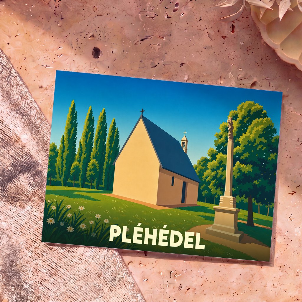 Carte postale souvenir de la ville de Pléhédel illustrant une chapelle et un calvaire dans un style graphique épuré.