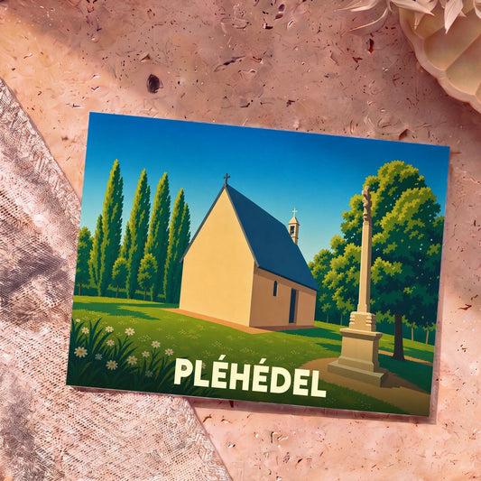 Carte postale souvenir de la ville de Pléhédel illustrant une chapelle et un calvaire dans un style graphique épuré.
