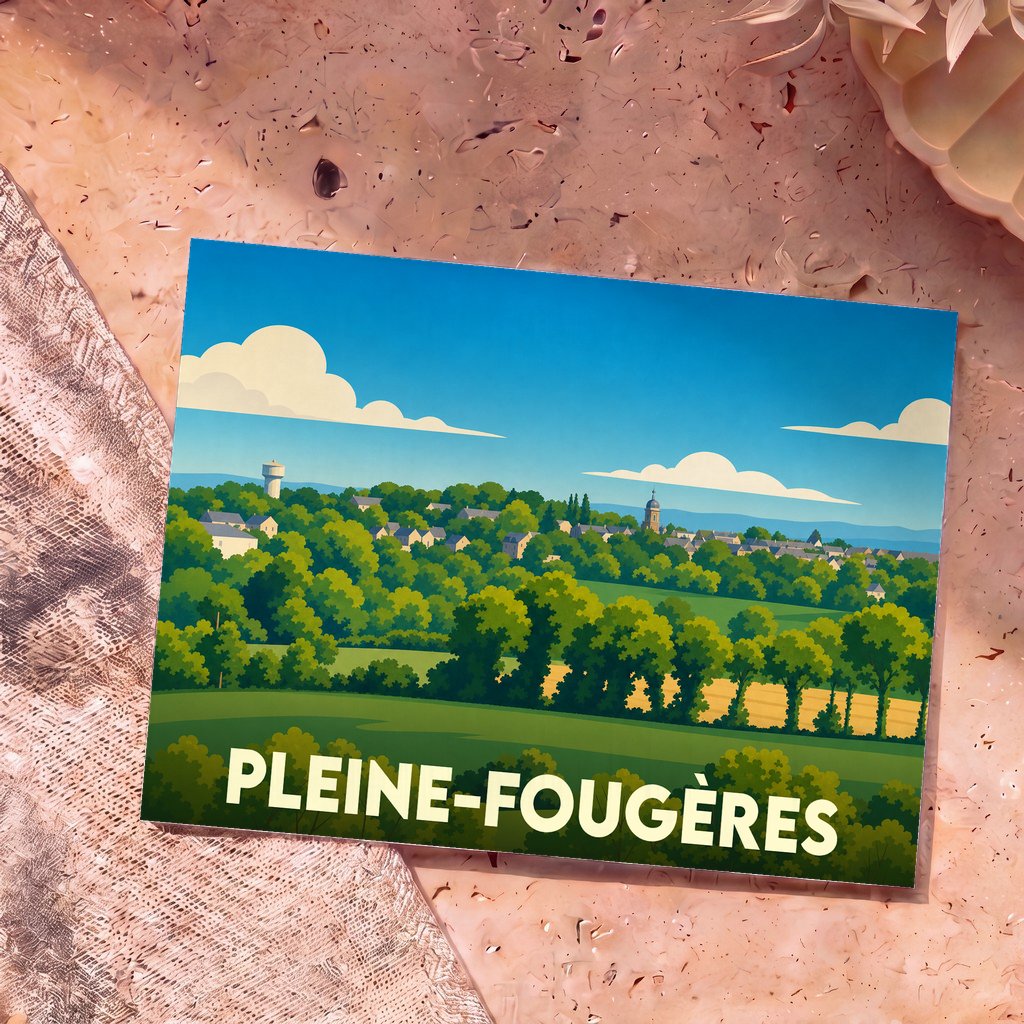 Carte postale souvenir de la ville de Pleine-Fougères avec une illustration stylisée et colorée du paysage urbain.
