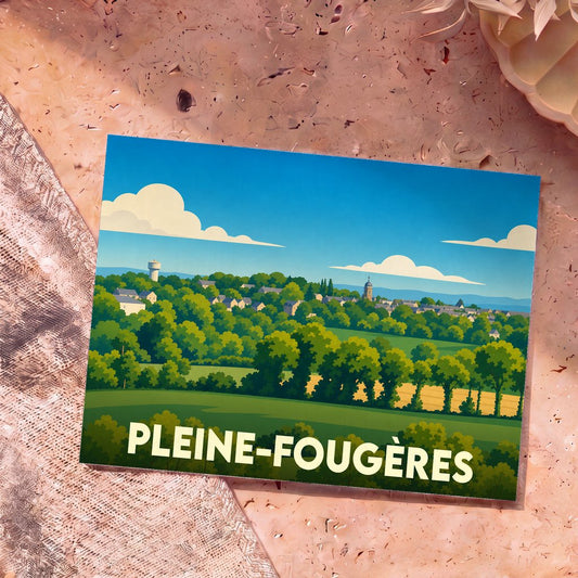 Carte postale souvenir de la ville de Pleine-Fougères avec une illustration stylisée et colorée du paysage urbain.