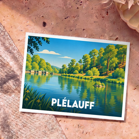 Carte postale souvenir de la ville de Plélauff illustrant un paysage de rivière calme bordée de forêts verdoyantes.