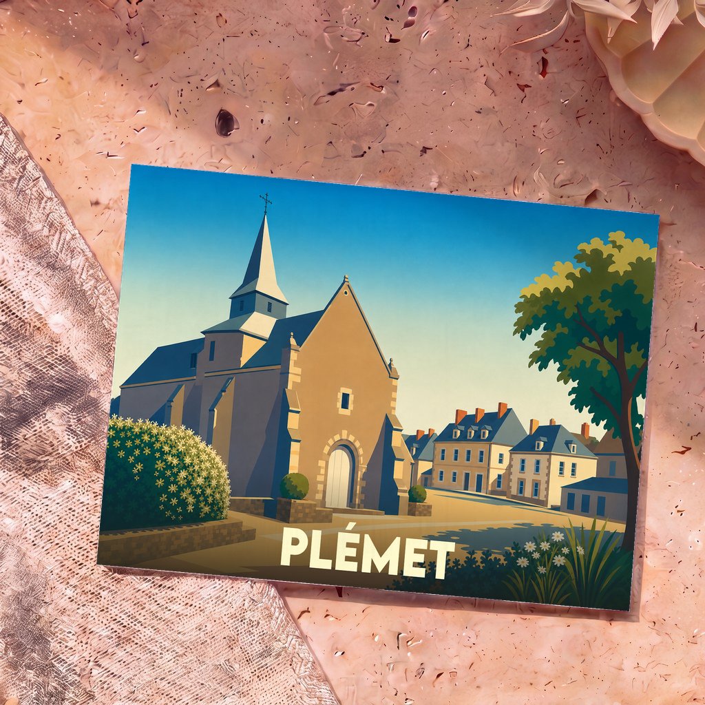 Carte postale souvenir de la ville de Plémet avec une illustration stylisée de son église et de ses maisons.
