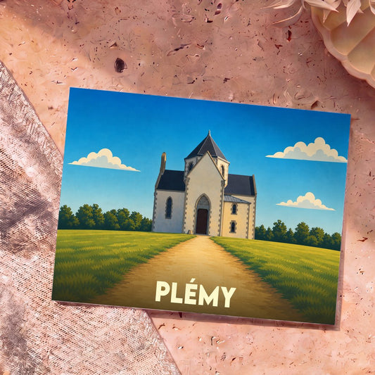 Carte postale souvenir de la ville de Plémy avec une illustration stylisée de son église au bout d'un chemin.