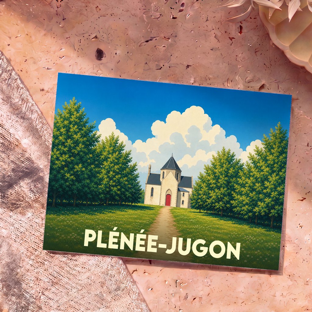 Carte postale souvenir de la ville de Plénée-Jugon avec une illustration stylisée d'une église dans un paysage verdoyant.