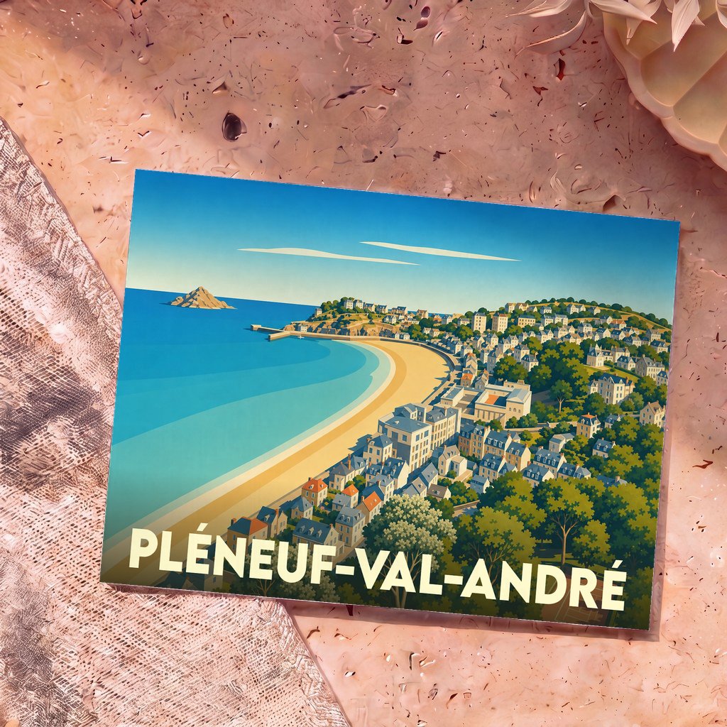 Carte postale souvenir de Pléneuf-Val-André présentant une illustration stylisée et colorée de sa plage et de son littoral.