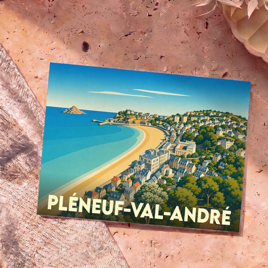 Carte postale souvenir de Pléneuf-Val-André présentant une illustration stylisée et colorée de sa plage et de son littoral.
