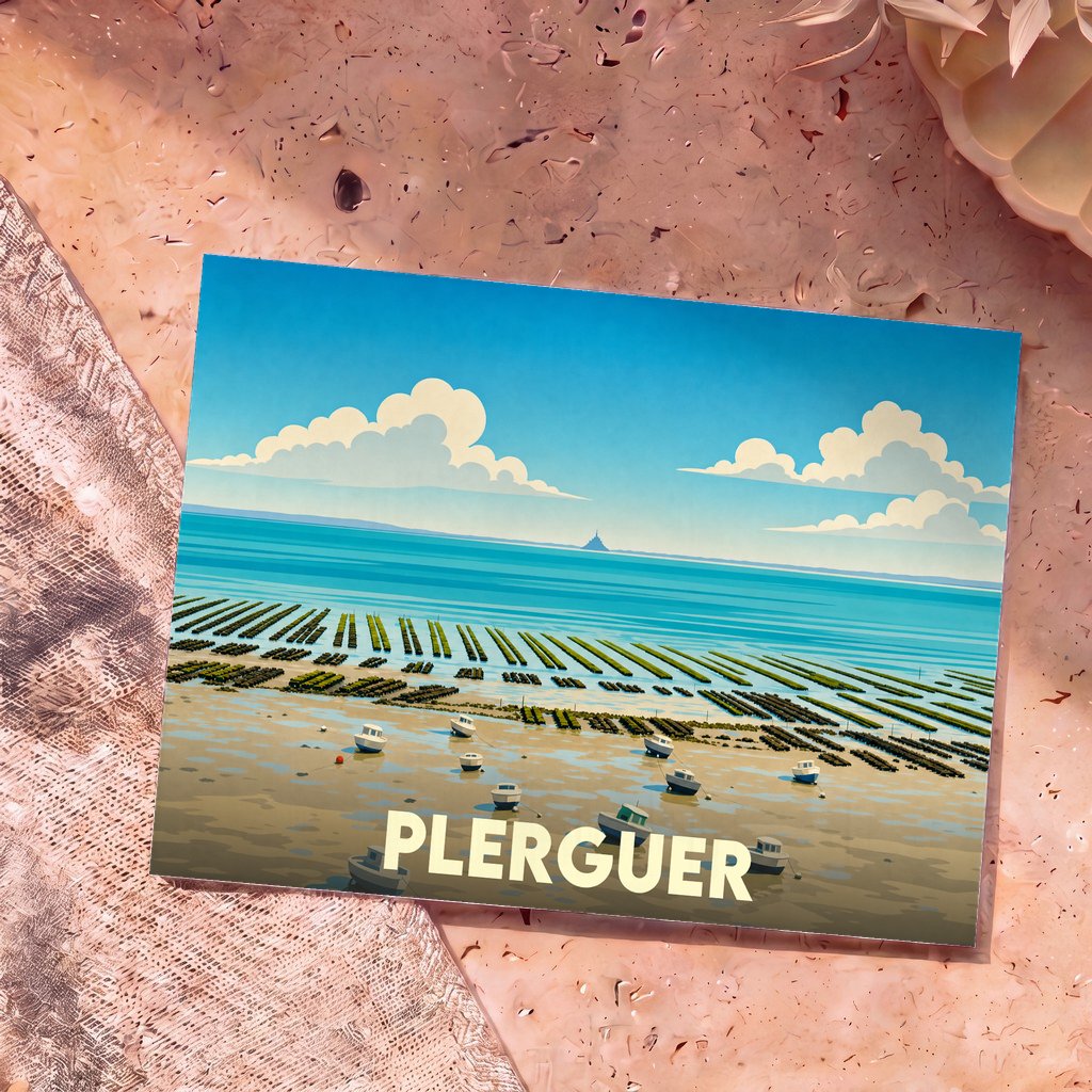 Carte postale souvenir de la ville de Plerguer avec une illustration stylisée montrant des parcs à huîtres et des bateaux à marée basse.