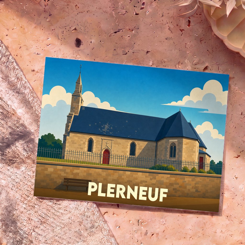 Carte postale souvenir de la ville de Plerneuf illustrant une église stylisée sous un ciel bleu.