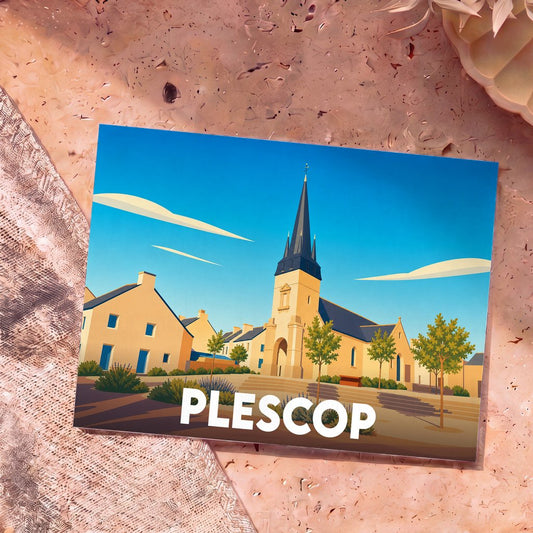 Carte postale souvenir de la ville de Plescop avec une illustration stylisée de son église et de ses maisons typiques.