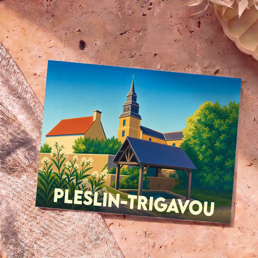 Carte postale souvenir de la ville de Pleslin-Trigavou avec une illustration stylisée.