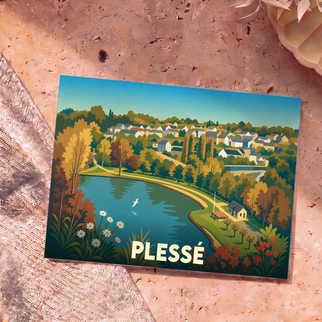 Carte postale souvenir de la ville de Plessé avec une illustration stylisée d'un lac bordé d'arbres et de maisons.