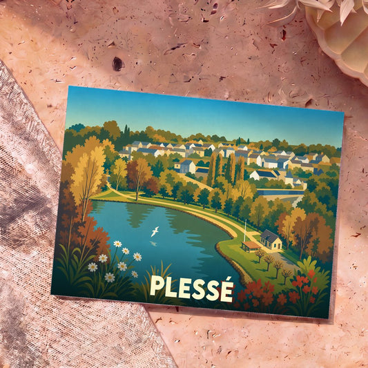 Carte postale souvenir de la ville de Plessé avec une illustration stylisée d'un lac bordé d'arbres et de maisons.