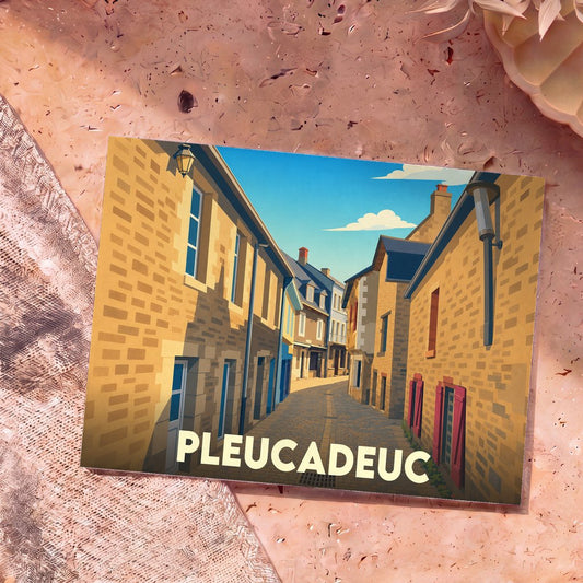 Carte postale souvenir de la ville de Pleucadeuc avec une illustration stylisée d'une rue pavée.