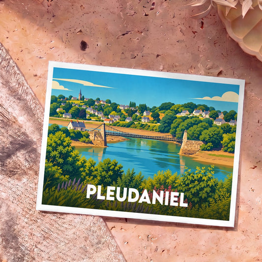 Carte postale souvenir de la ville de Pleudaniel avec une illustration stylisée de son pont et de son paysage verdoyant.