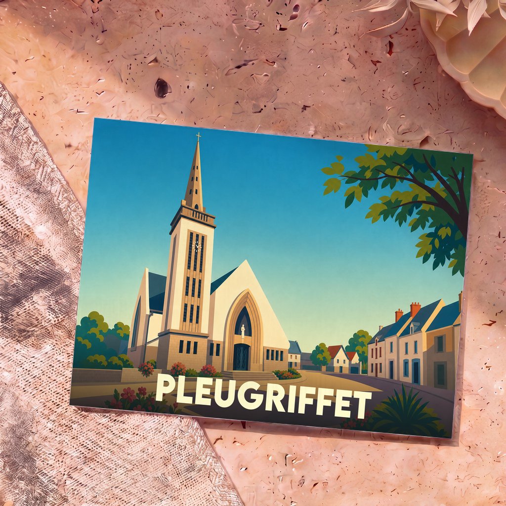 Carte postale souvenir de la ville de Pleugriffet avec une illustration stylisée de son église.