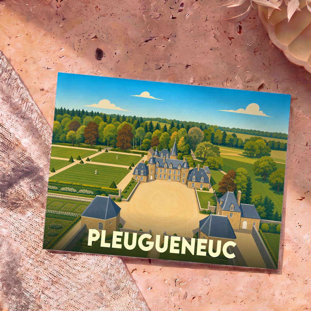 Carte postale souvenir de la ville de Pleugueneuc avec une illustration stylisée d'un château entouré de jardins.