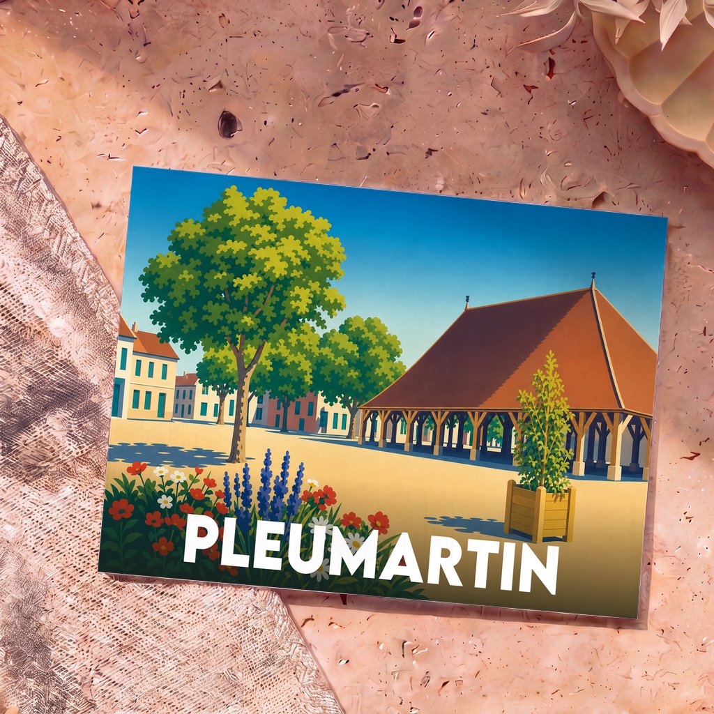Carte postale souvenir de la ville de Pleumartin avec une illustration stylisée de ses halles historiques.