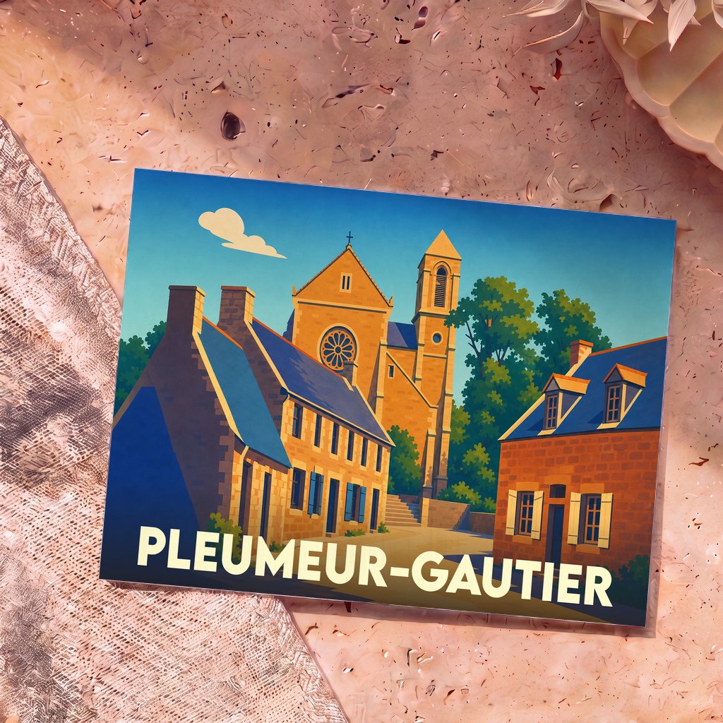 Carte postale souvenir de la ville de Pleumeur-Gautier avec une illustration stylisée de son église et de ses maisons traditionnelles.