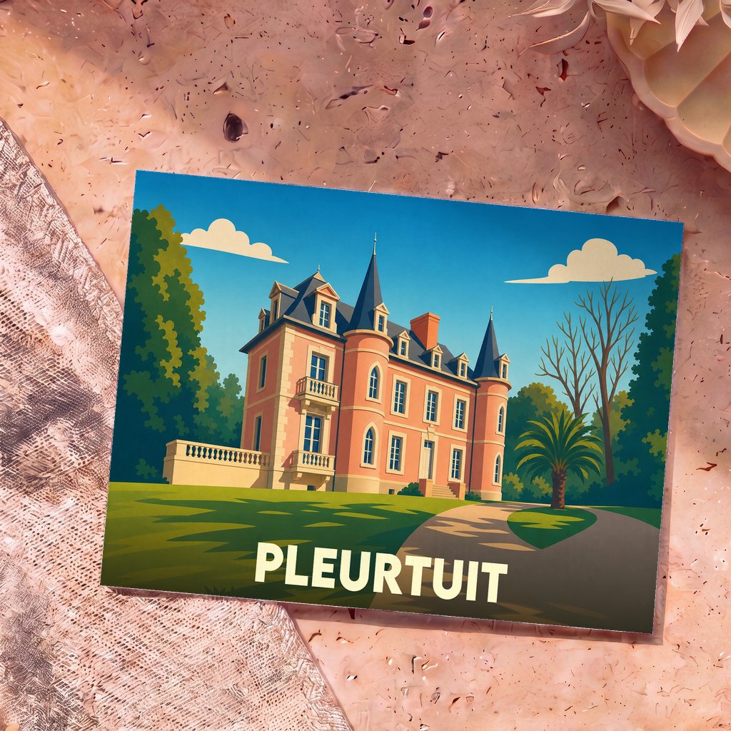 Carte postale souvenir de la ville de Pleurtuit avec une illustration stylisée d'un manoir.