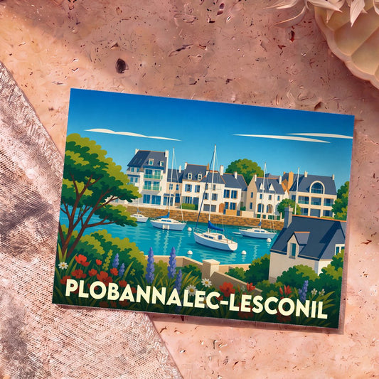 Carte postale souvenir de la ville de Plobannalec-Lesconil avec une illustration colorée et stylisée de son port de plaisance.