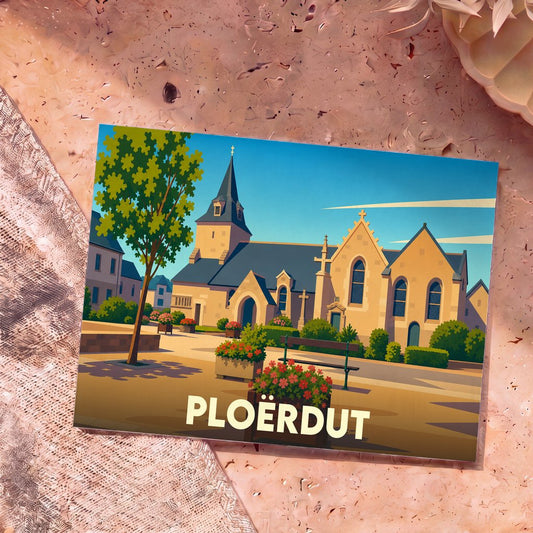 Carte postale souvenir de la ville de Ploërdut avec une illustration stylisée.