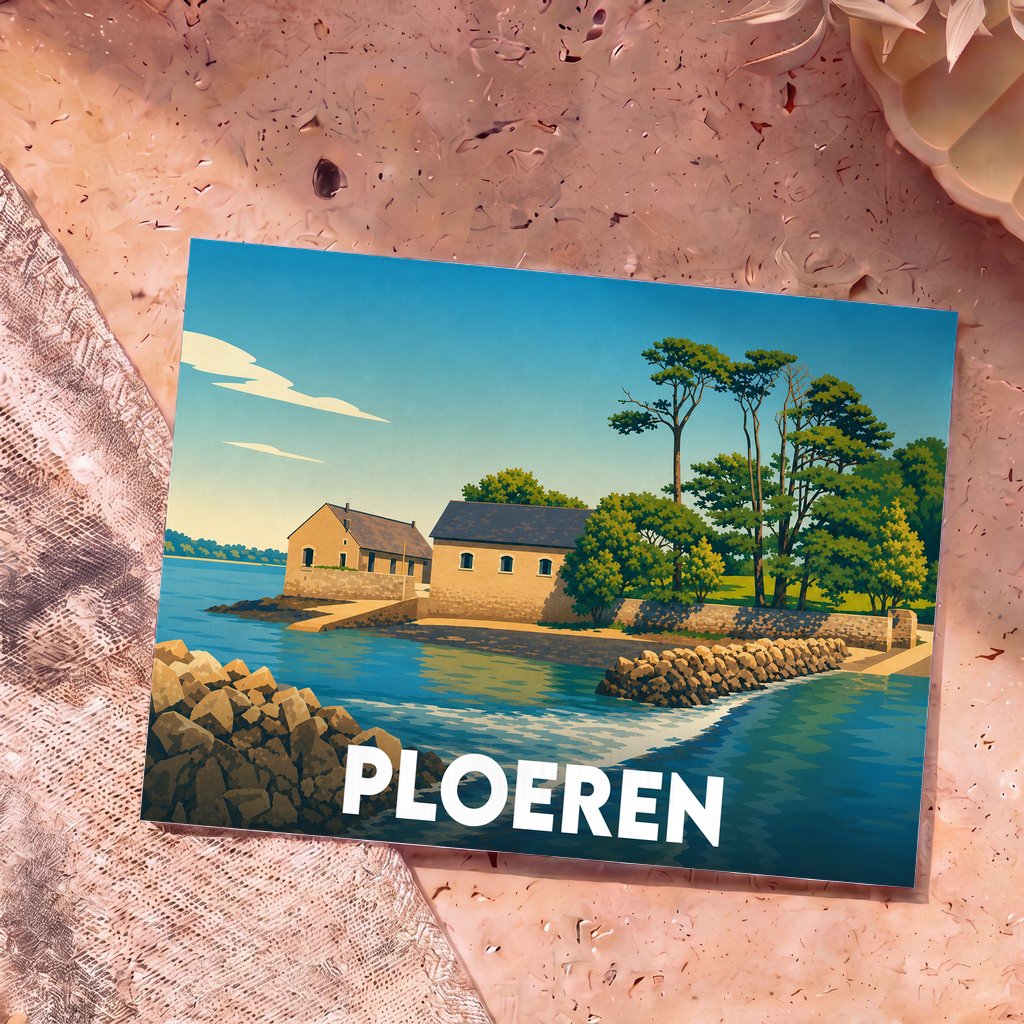 Carte postale souvenir de la ville de Ploeren avec une illustration stylisée d'un paysage côtier.