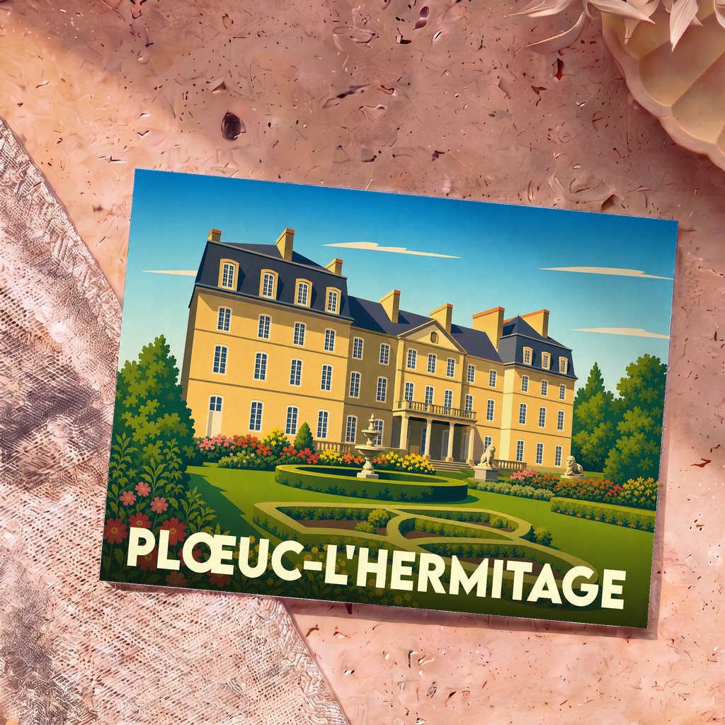 Carte postale souvenir de la ville de Plœuc-L'Hermitage avec une illustration stylisée de château et ses jardins.