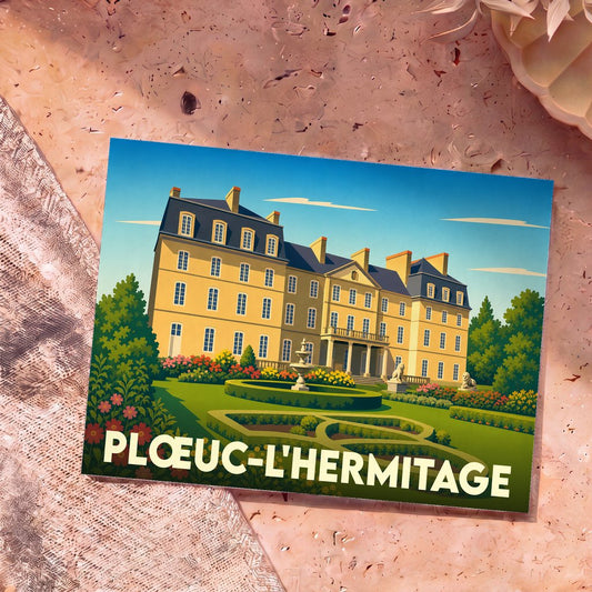 Carte postale souvenir de la ville de Plœuc-L'Hermitage avec une illustration stylisée de château et ses jardins.