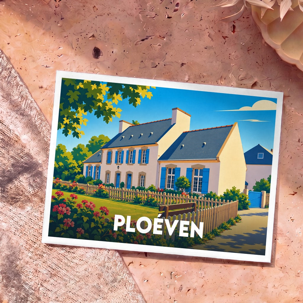 Carte postale souvenir de la ville de Ploéven illustrant une maison bretonne traditionnelle aux volets bleus.