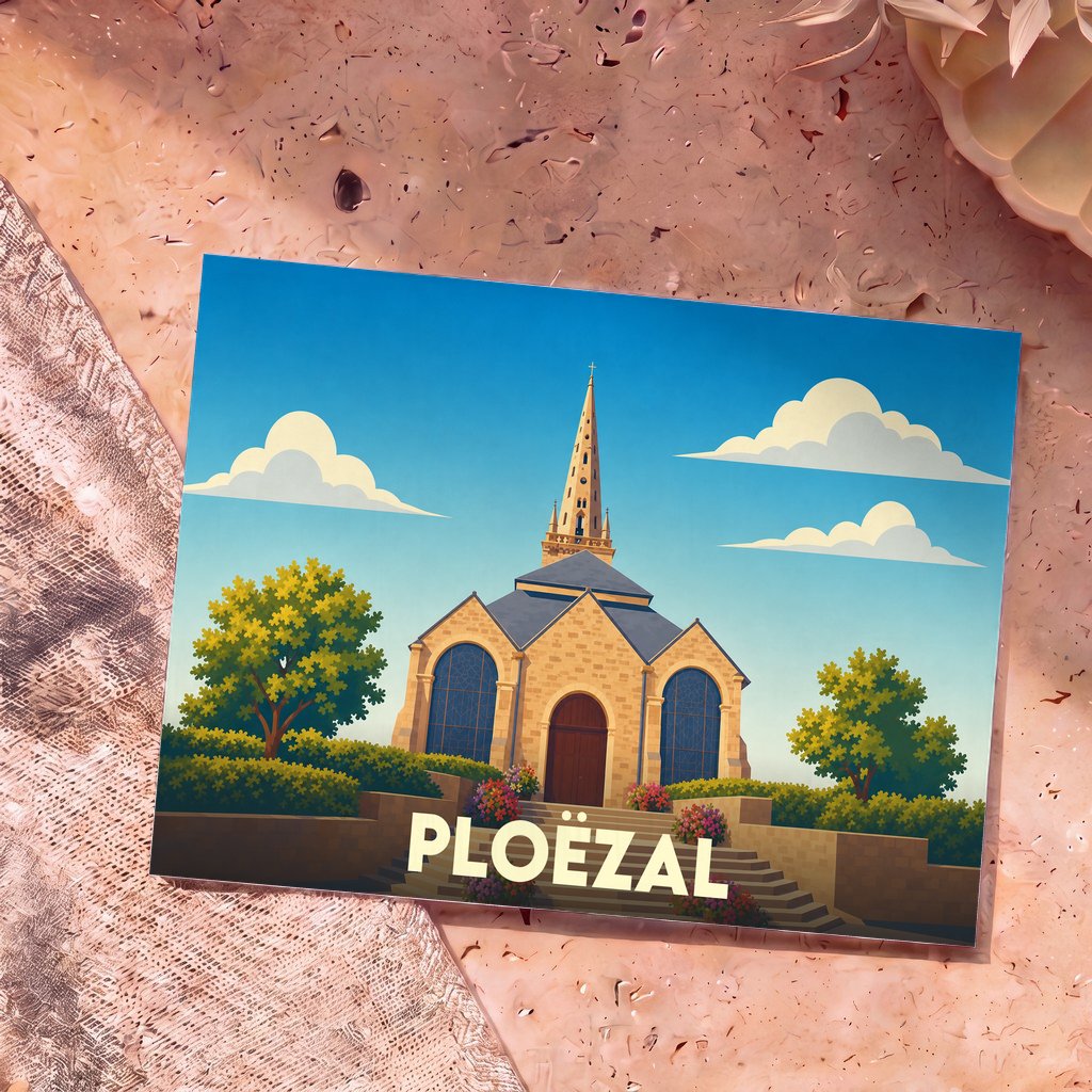 Carte postale souvenir de la ville de Ploëzal avec une illustration stylisée de son église sous un ciel bleu.