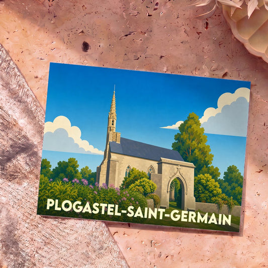 Carte postale souvenir de la ville de Plogastel-Saint-Germain avec une illustration stylisée de son église et de sa porte monumentale.